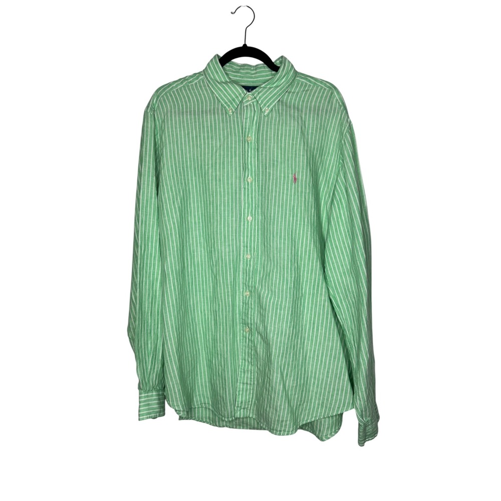 Ralph Lauren Mens XL Classic Fit Green White Striped Linen Button Down Shirt